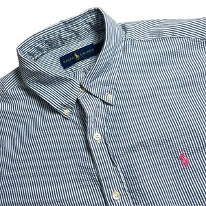 Ralph Lauren Mens Large Blue Stripe Seersucker Short Sleeve Button Down Shirt